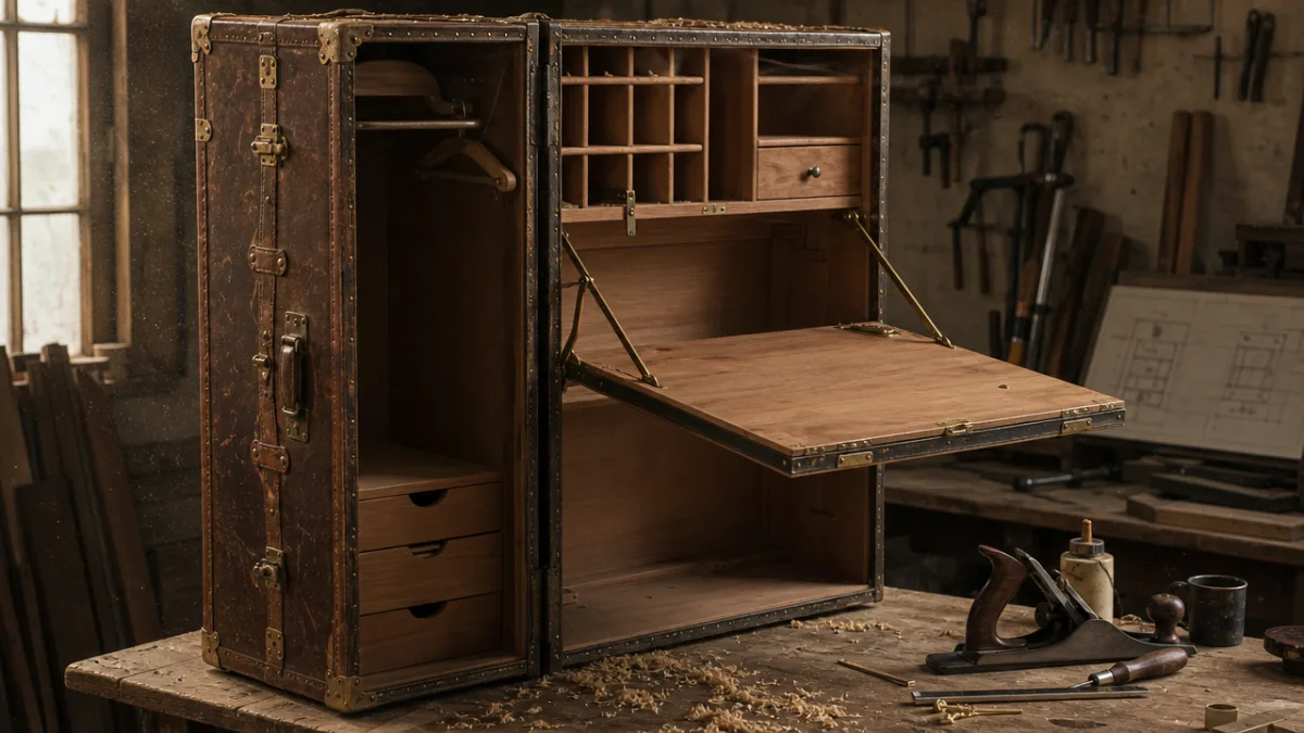 a vintage wardrobe trunk being converted into a desk, fold-out surface half…