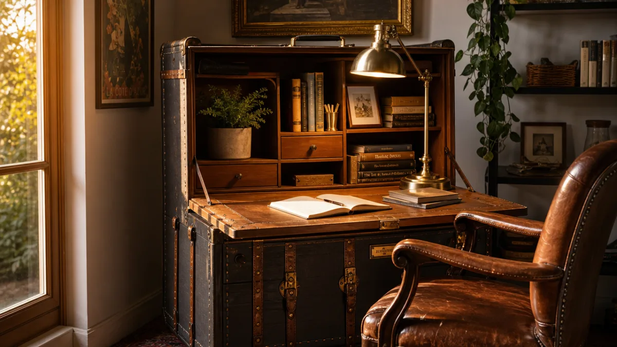 a beautifully finished vintage trunk desk open and styled with books, a…