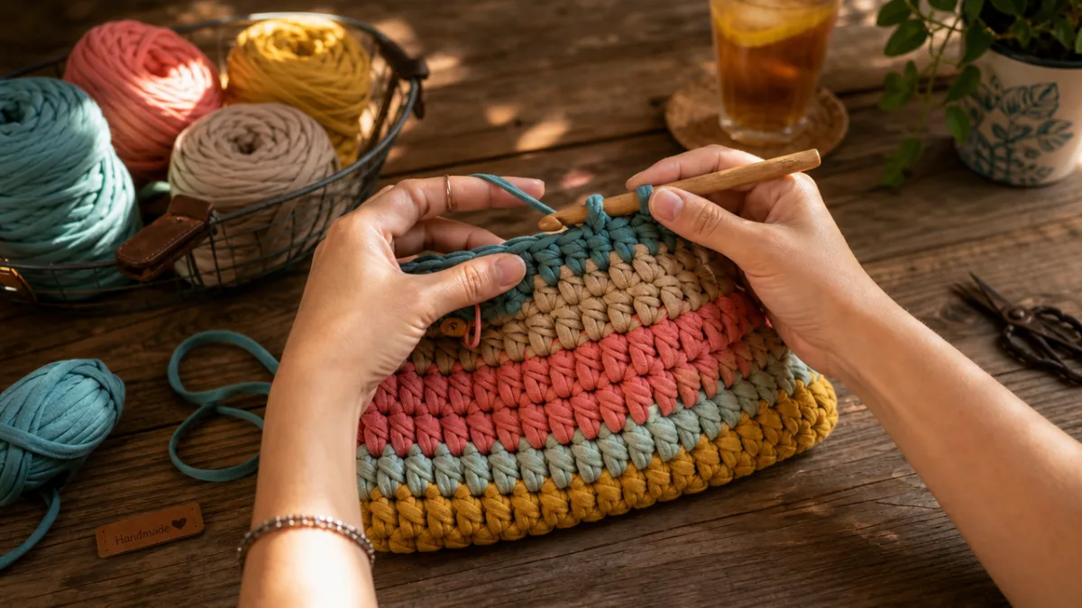 hands crocheting a colorful t-shirt yarn bag in progress on a rustic…