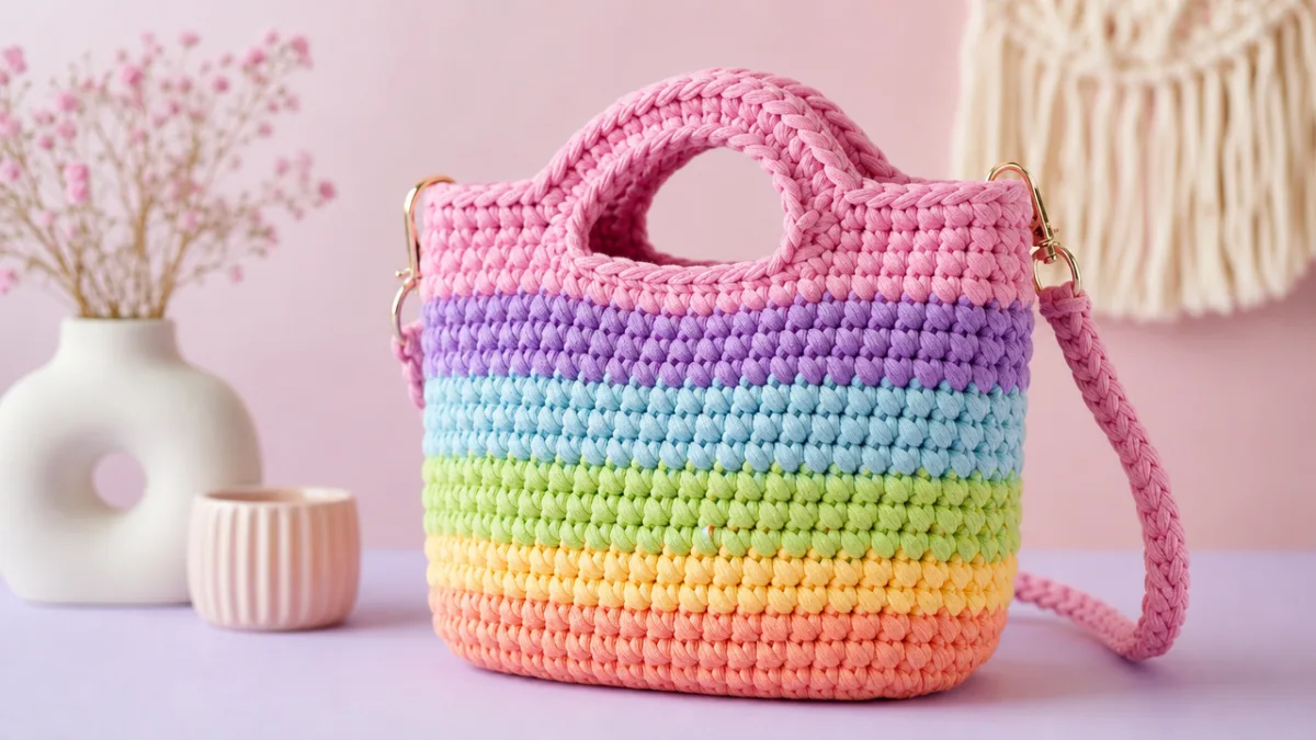 a finished colorful crochet t-shirt yarn bag displayed on a pastel background,…