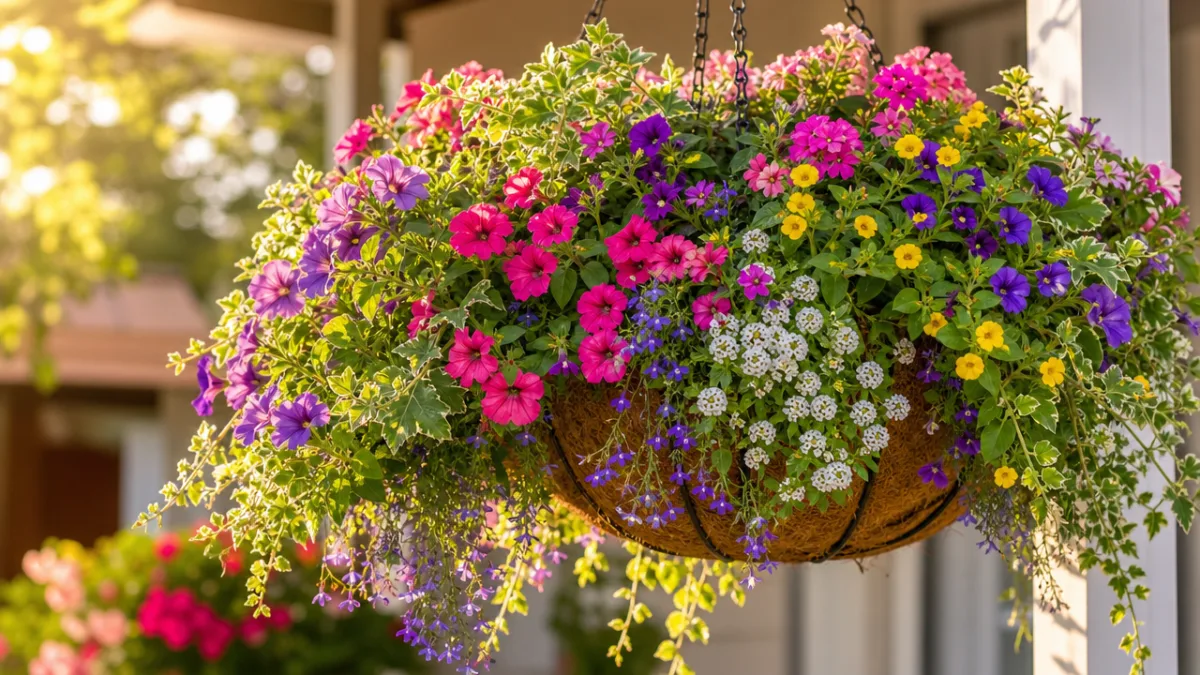 a lush hanging garden basket overflowing with colorful trailing flowers and green…