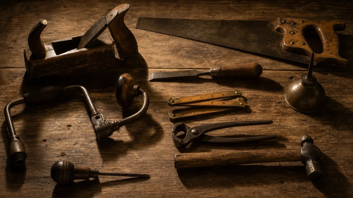 a collection of antique hand tools arranged on aged wood, dramatic side…