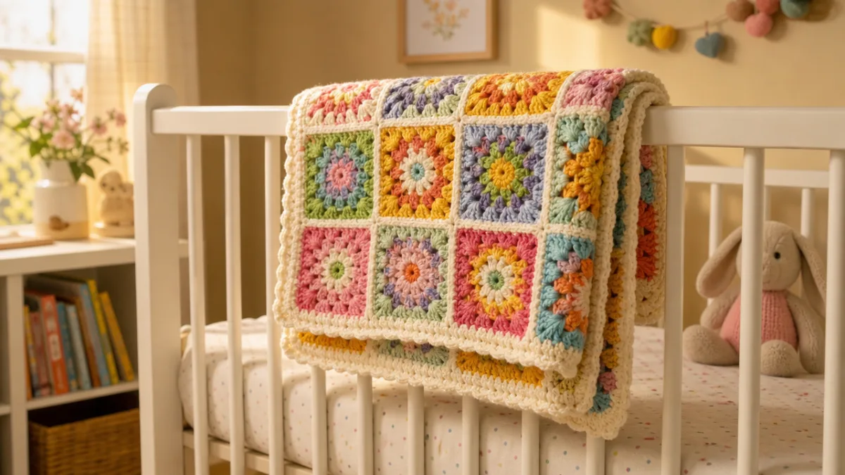 a neatly folded colorful granny square baby blanket draped over a white…