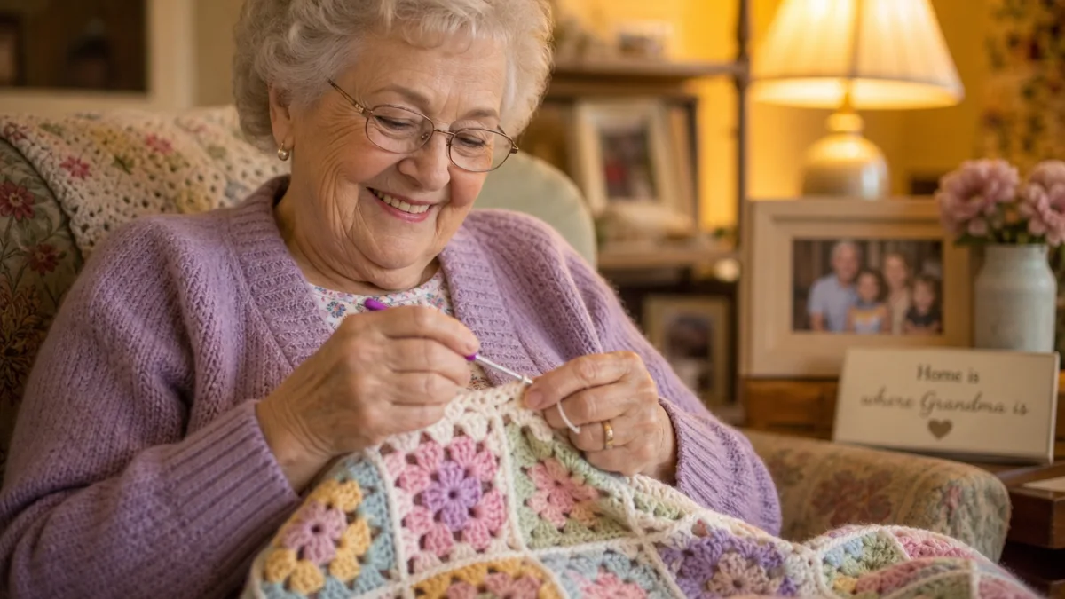 a smiling grandmother's hands gently crocheting a pastel granny square blanket, warm…