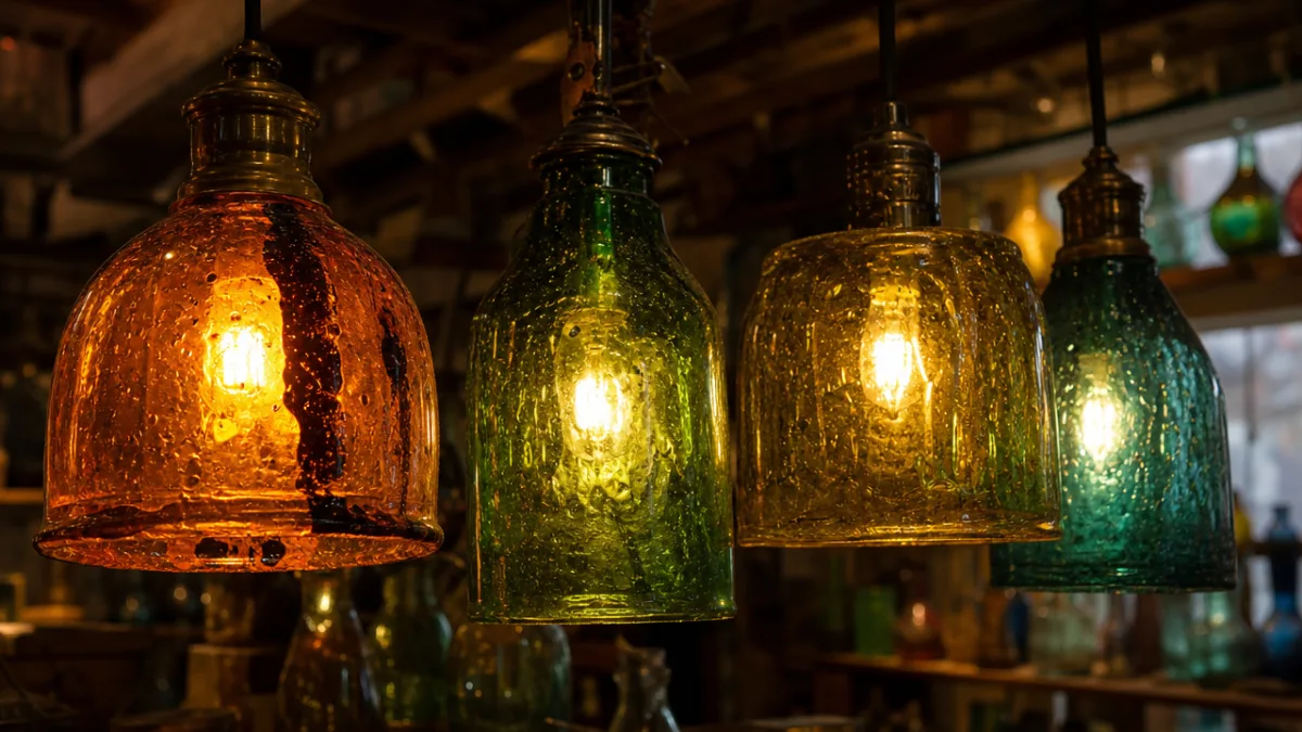 a close-up of colorful recycled glass pendant lamps glowing warmly in a…