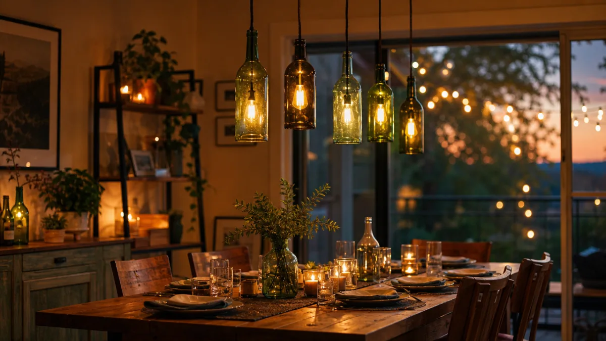 a cozy dining room with recycled glass bottle pendant lights hanging over…