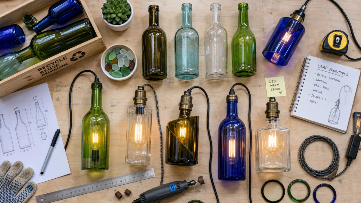 an overhead flat lay of colorful recycled glass bottles and finished lamp…