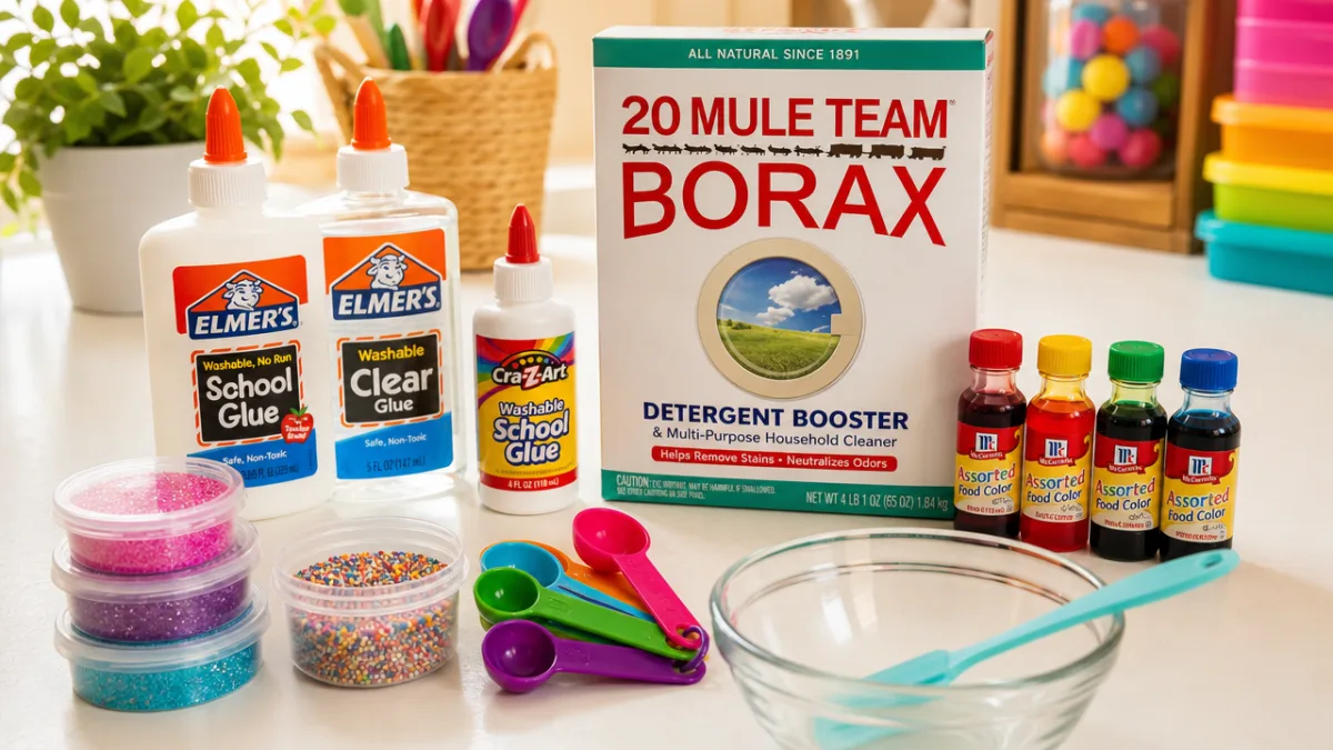colorful craft supplies including glue bottles, borax powder, and food coloring arranged…