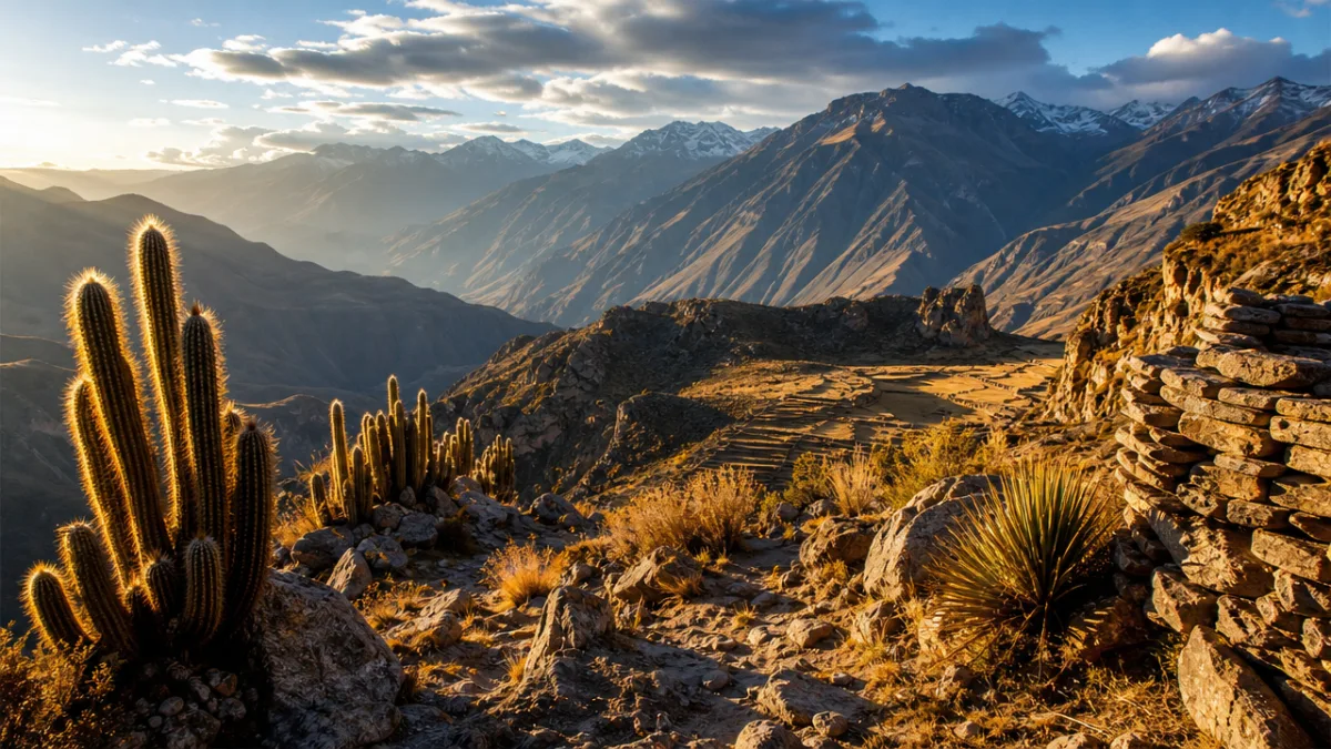 a dramatic high-altitude Andean landscape with rocky terrain, cacti, and golden afternoon…