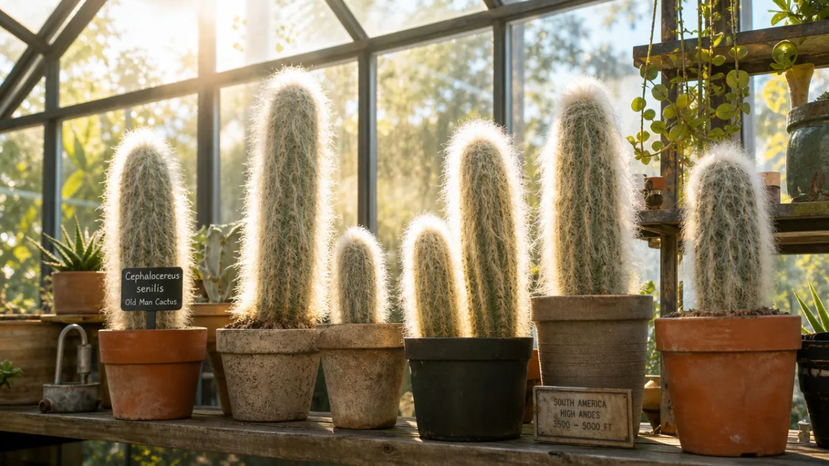 a sunlit greenhouse shelf displaying multiple columnar cacti with white hair, warm…