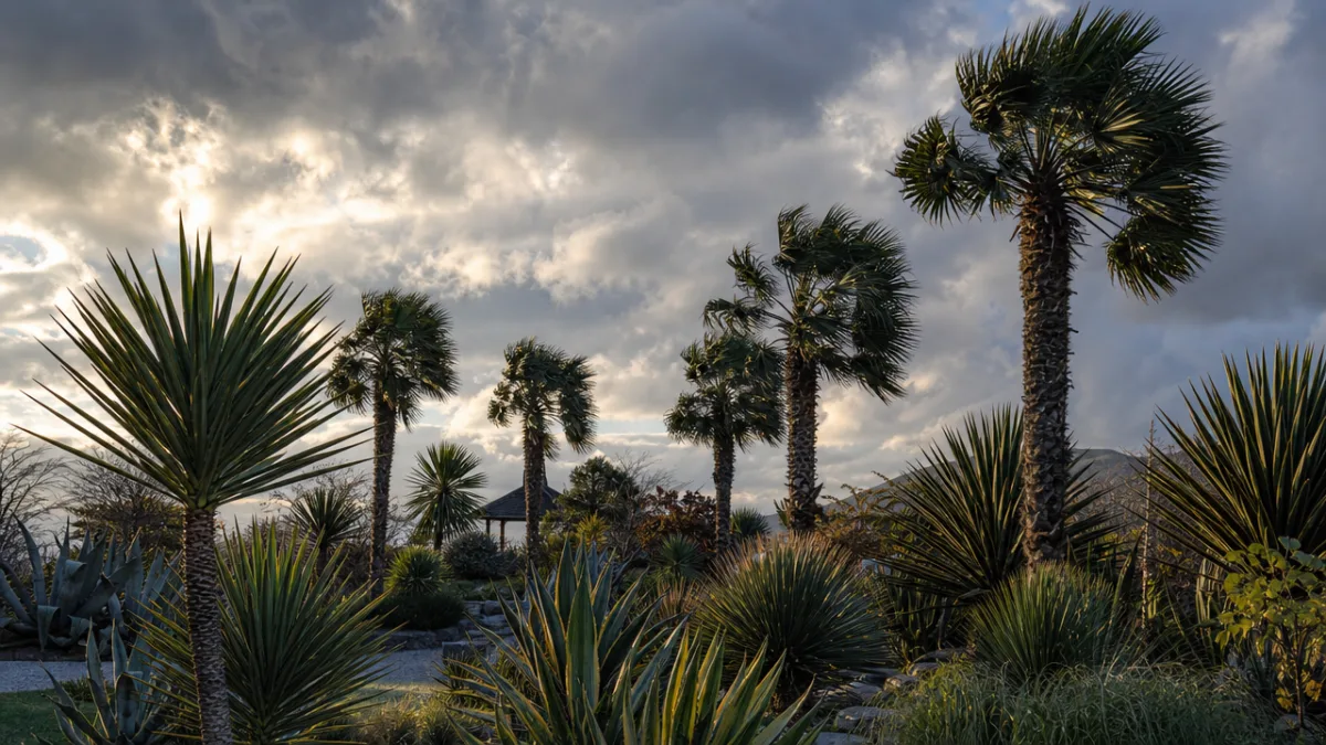 a dramatic cold climate garden with windmill palms and yuccas creating bold…