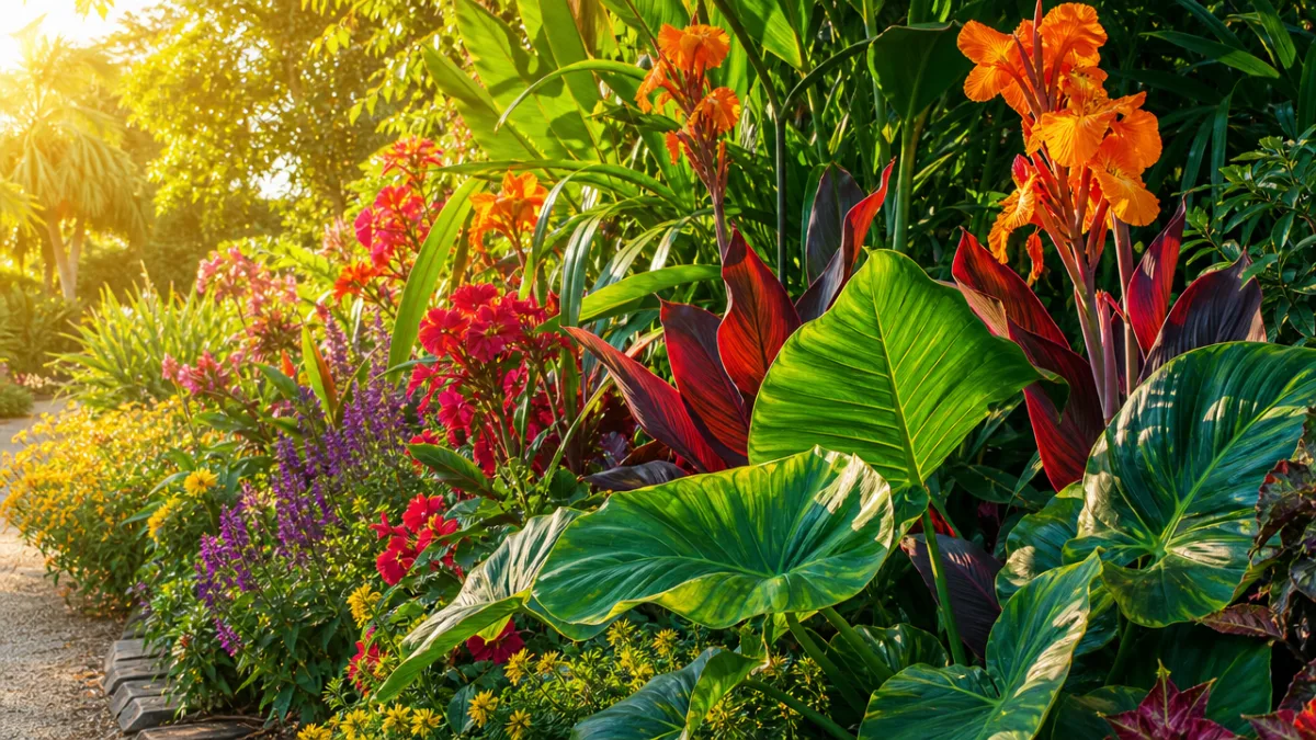 a lush garden border featuring oversized tropical foliage and vivid flowering plants…