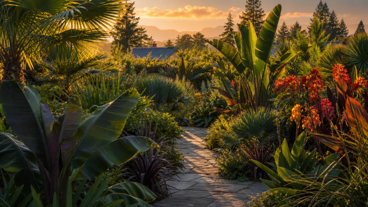 a beautifully designed cold climate tropical garden in late summer abundance, warm…