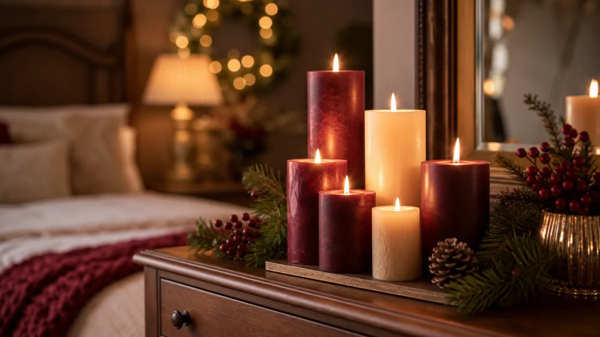 a cozy festive bedroom dresser with grouped pillar candles in burgundy and…