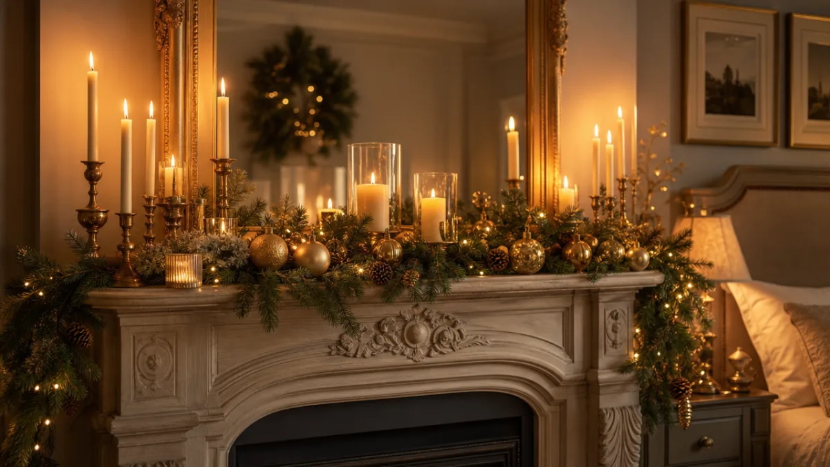 an elegant bedroom mantel with layered candles, pine garlands, and gold ornaments,…