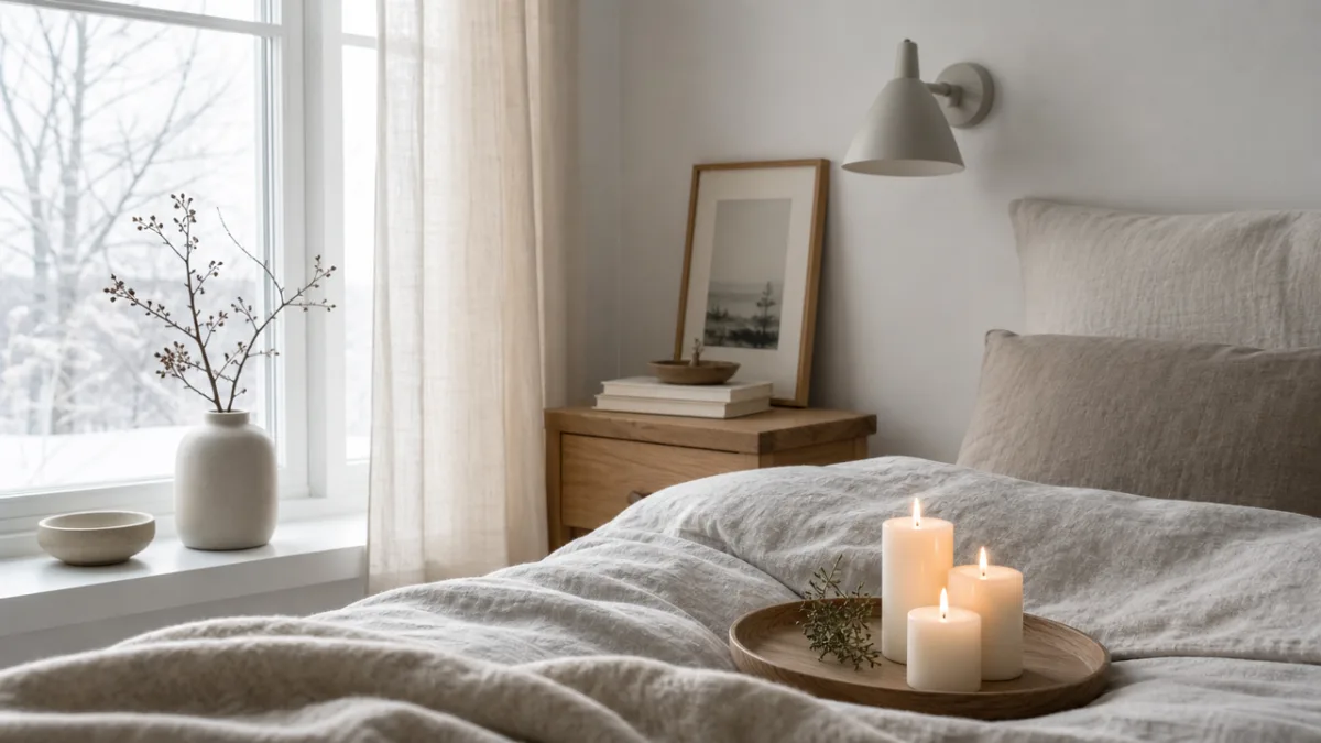 a serene Scandinavian-style bedroom corner with white beeswax candles on a wooden…