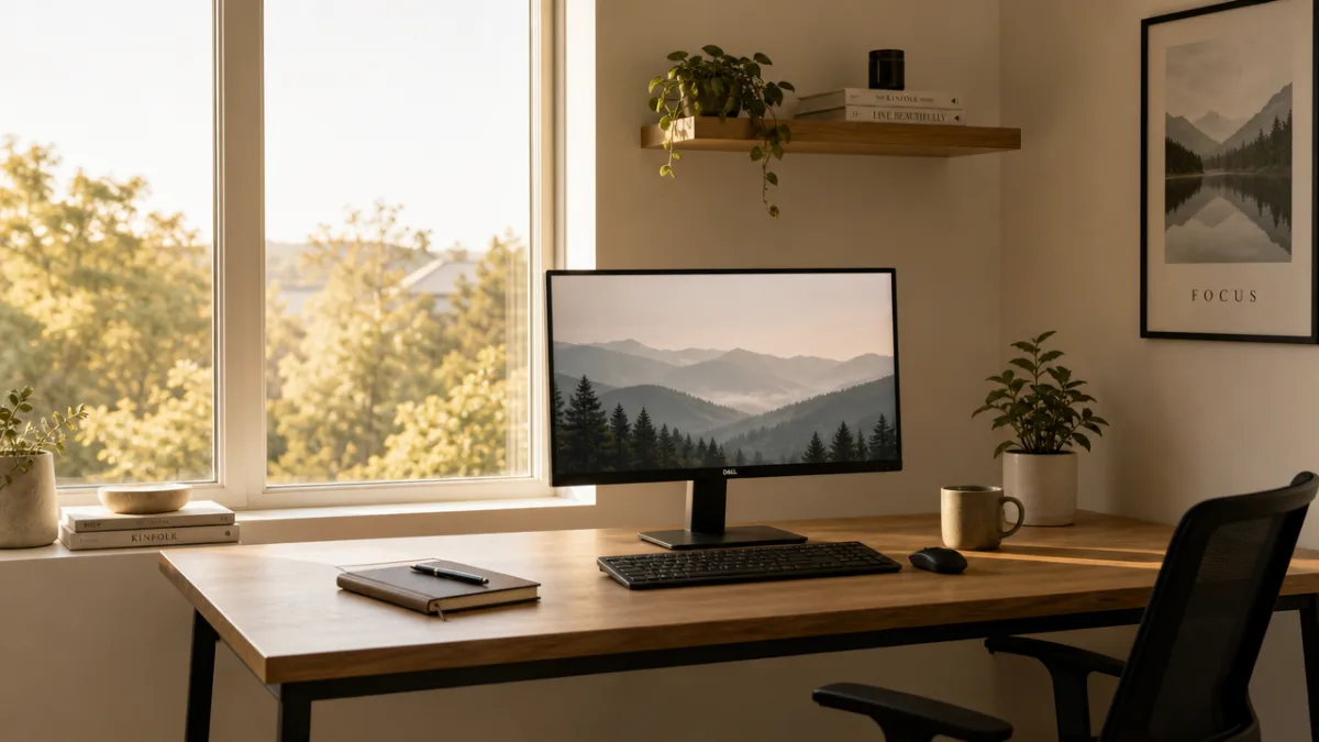a minimalist home office desk with a single monitor, notebook and pen,…