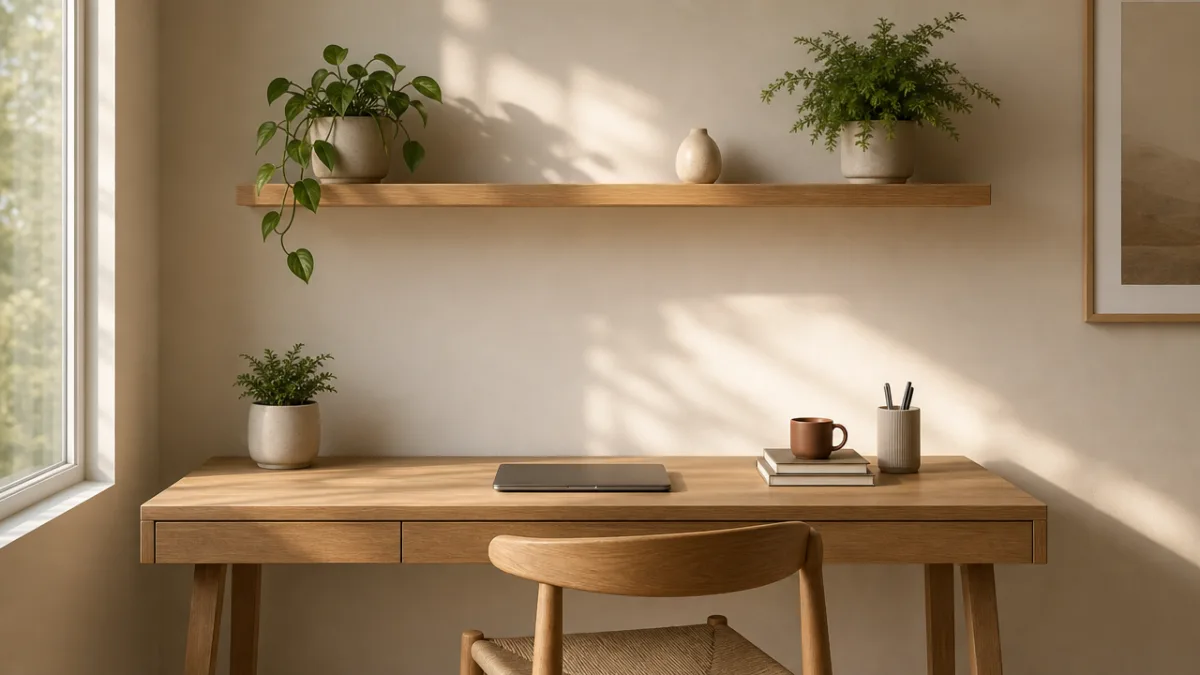 a minimalist wooden desk with a floating shelf above holding two plants…