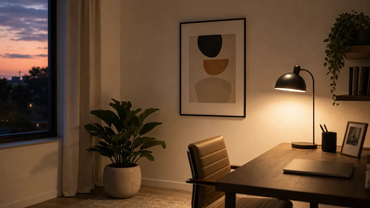 a serene minimalist home office corner with a low houseplant, framed abstract…