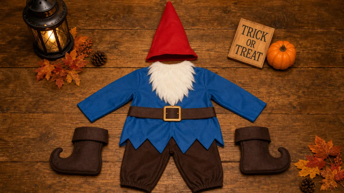 a fully assembled garden gnome Halloween costume laid flat on a rustic…