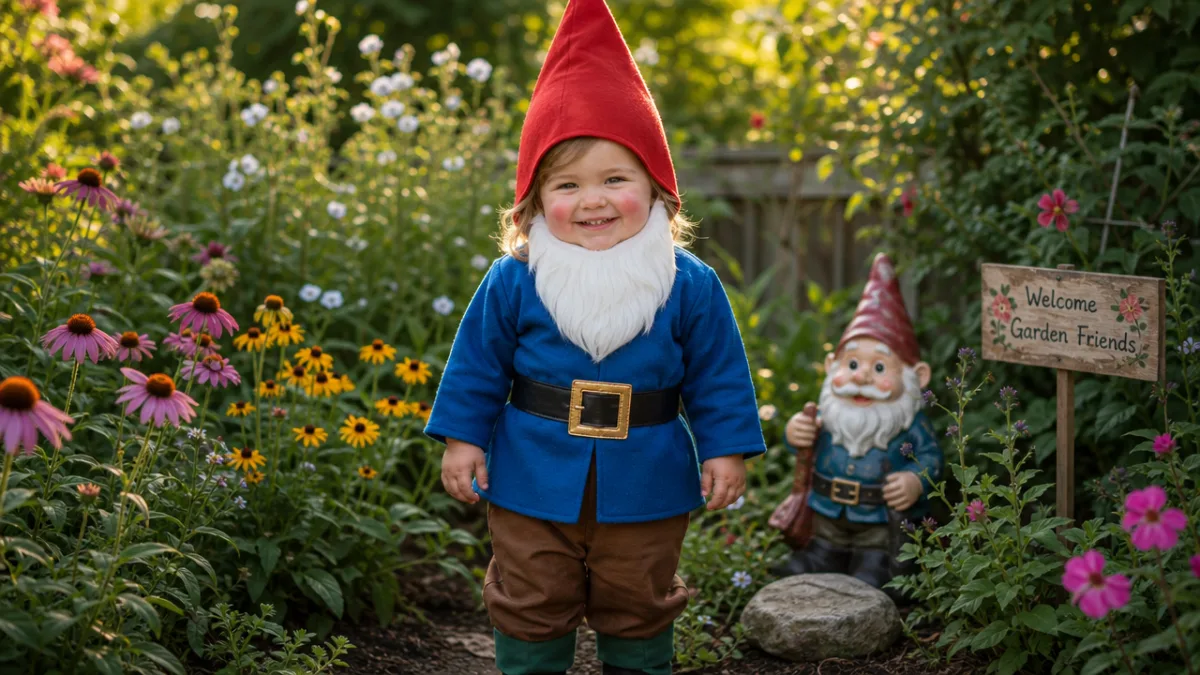 a child wearing a vibrant garden gnome Halloween costume with rosy cheeks,…