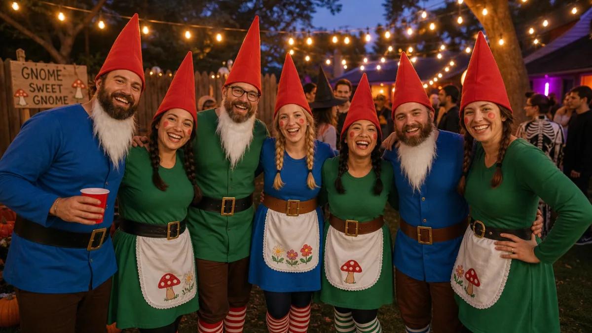 a cheerful group of adults in coordinated garden gnome costumes at an…