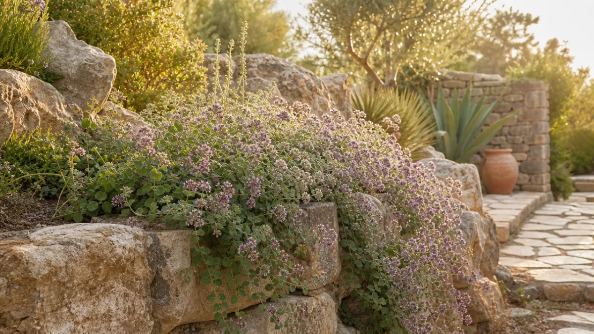 a sun-drenched Mediterranean rock garden with Origanum dictamnus trailing over stone edges,…