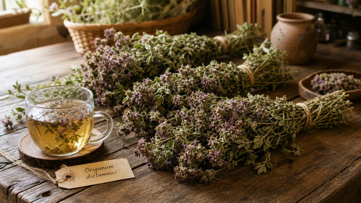 harvested Origanum dictamnus bundles drying on a rustic wooden table with warm…