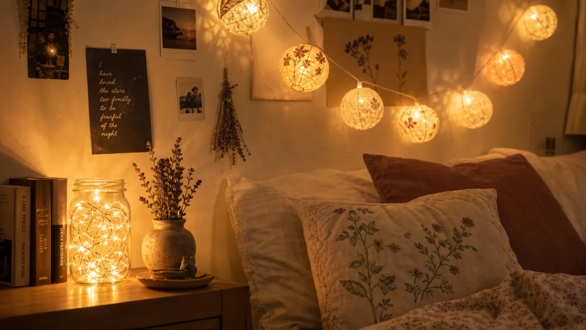 a cozy bedroom corner with string lights in a glass jar and…