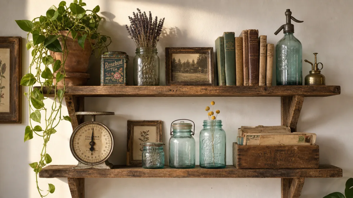 a rustic wooden shelf with upcycled glass jars and vintage decor against…