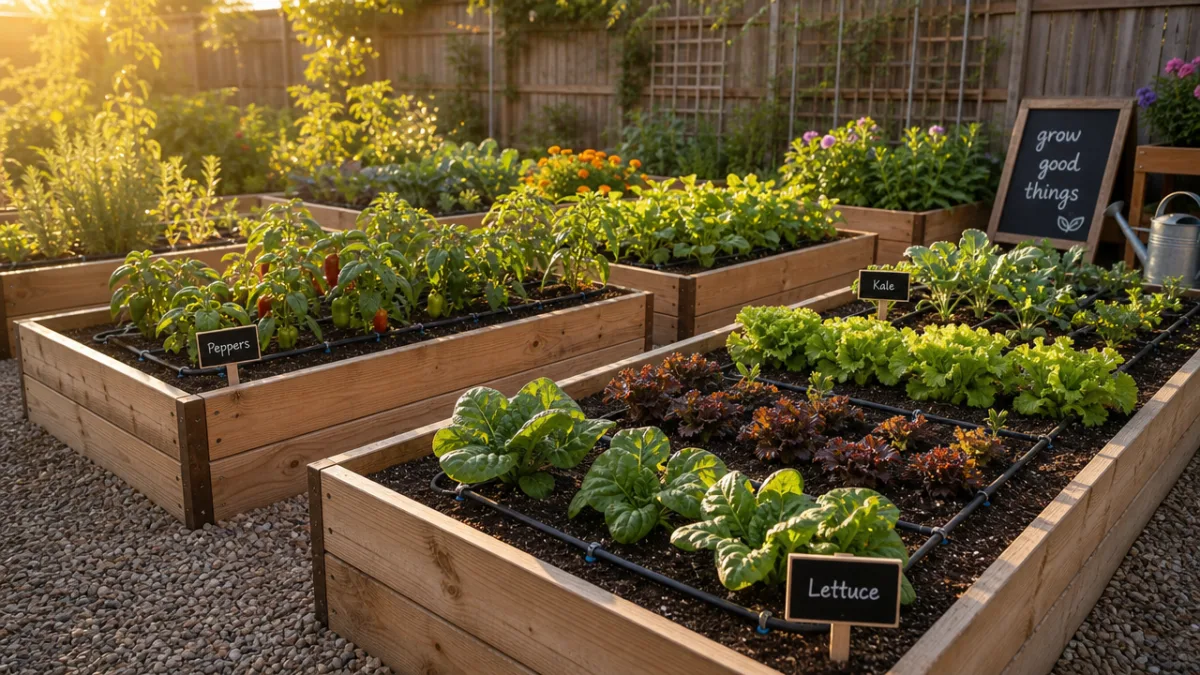 a neatly organized raised bed garden with drip irrigation tubing visible, warm…