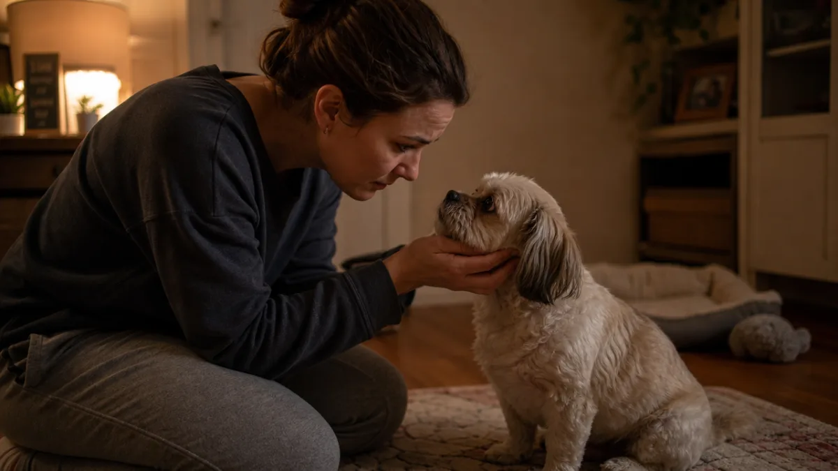 a concerned dog owner kneeling beside their small dog indoors, dim warm…