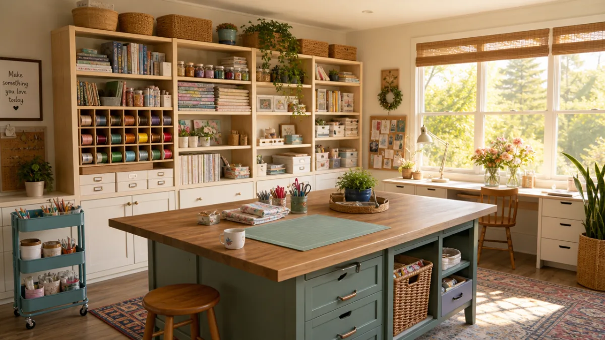 a well-lit craft room with organized open shelving, warm afternoon sunlight streaming…