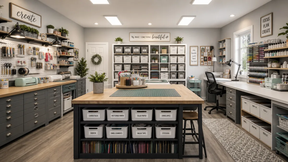 a spacious craft workstation with multiple organized zones, bright overhead lighting and…