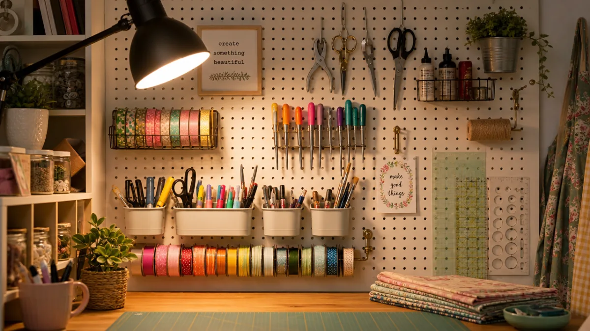 a craft room detail showing a pegboard wall with tools, warm task…