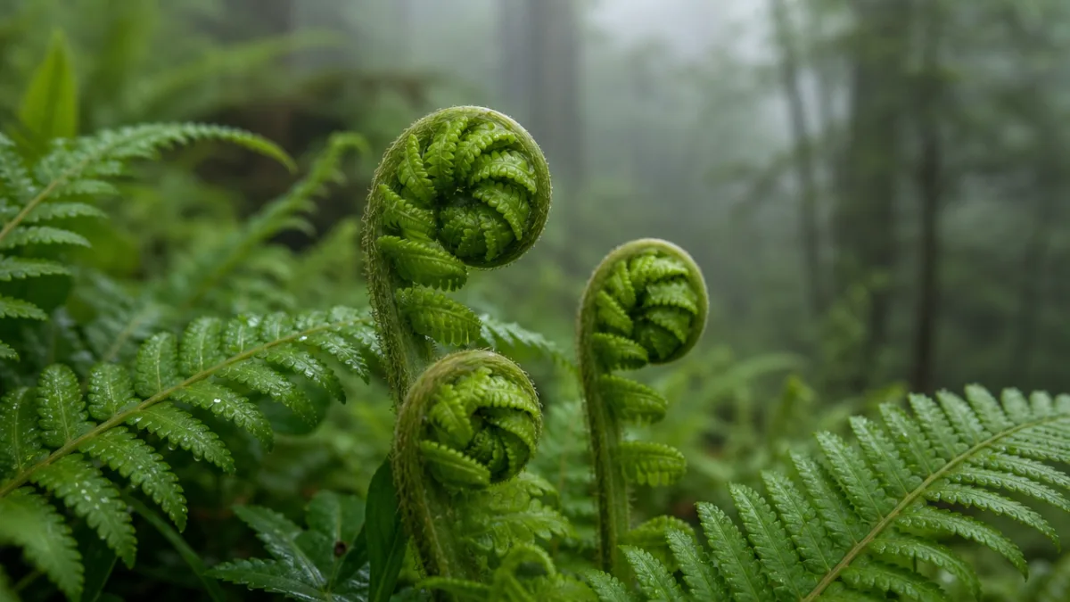 a close-up of Royal Fern fronds unfurling in soft morning mist, lush…