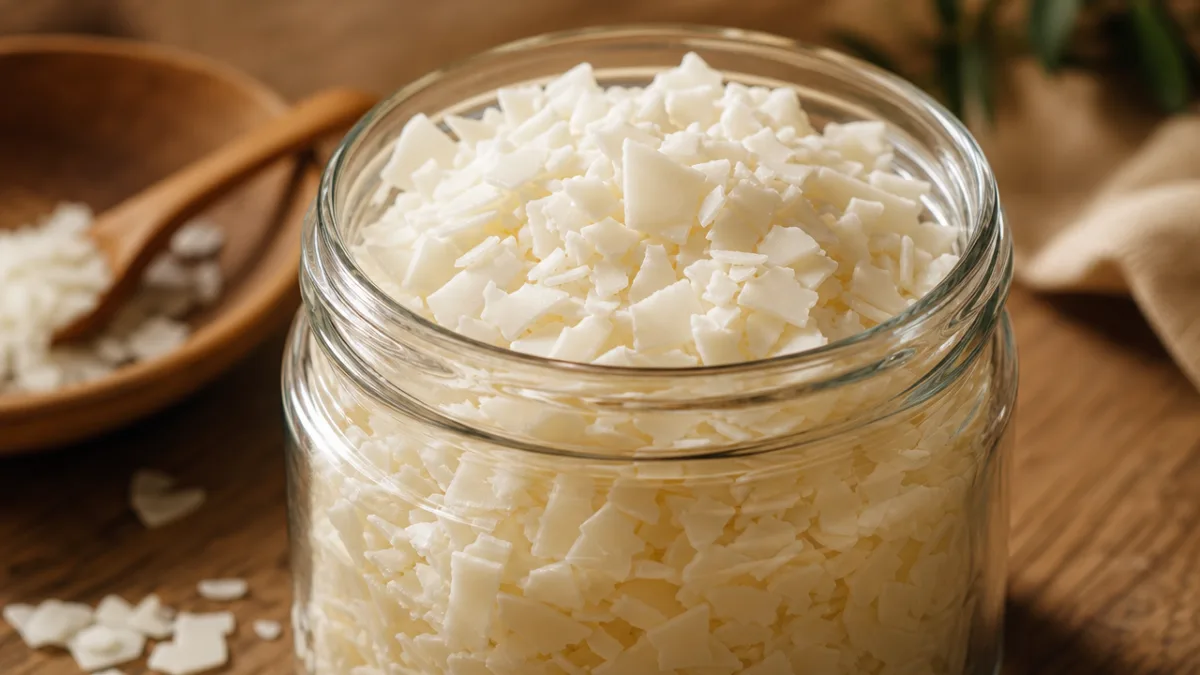 a close-up of creamy white soy wax flakes poured into a glass…