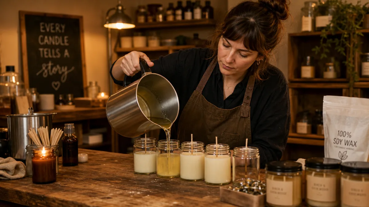 a candle maker carefully pouring warm soy wax into glass jars on…