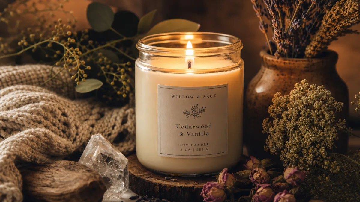 a beautifully finished soy candle burning in a glass jar surrounded by…