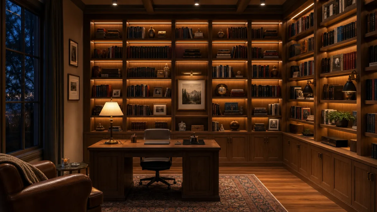 a floor-to-ceiling built-in bookshelf home office with warm wood tones, soft ambient…