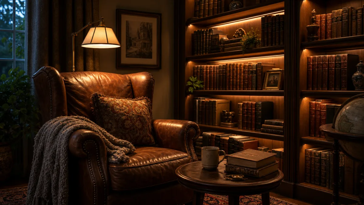 a cozy reading corner with glowing shelf lighting, warm lamplight casting soft…