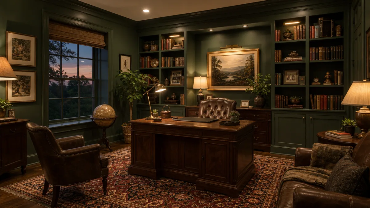 a complete home office library with desk, built-in shelves, green walls, and…