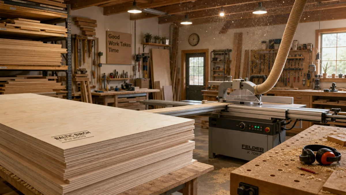 a well-lit woodworking workshop with stacks of Baltic birch plywood sheets, warm…