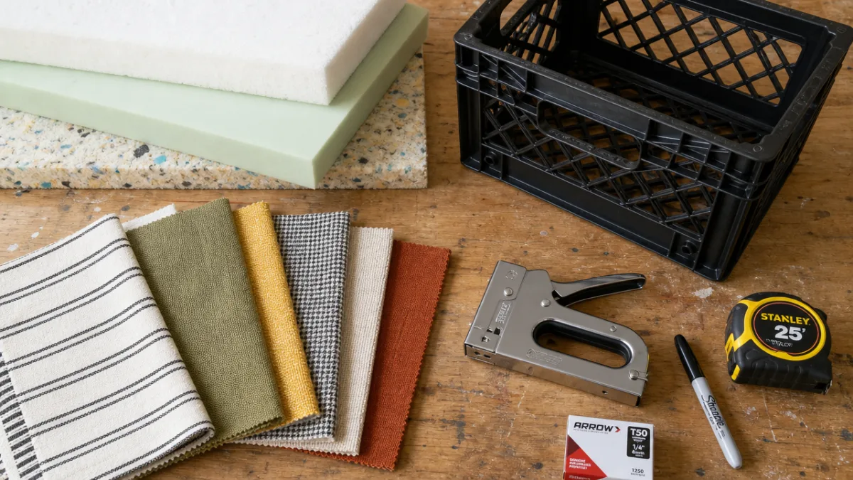 a flat lay of DIY materials including foam, fabric swatches, a staple…