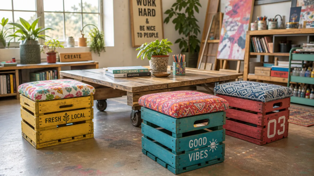 a collection of three colorful upcycled crate stools arranged around a low…