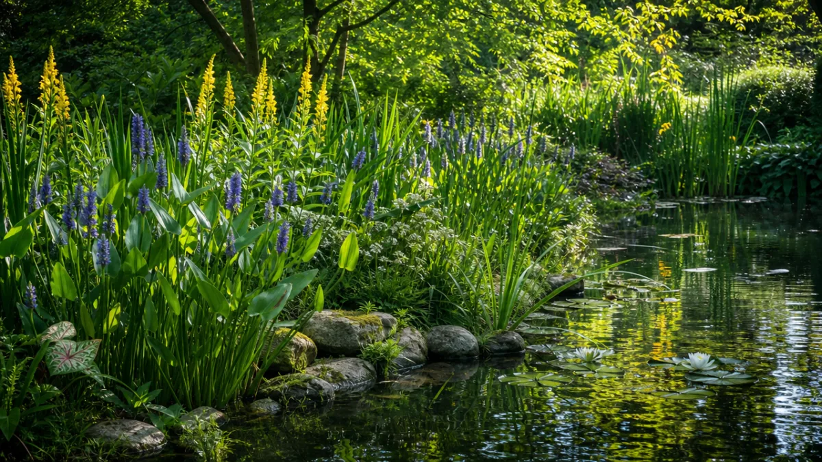 a lush water garden pond edge with golden club and native plants,…