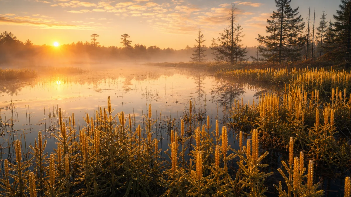 a serene natural wetland at sunrise with mist rising over water, golden…