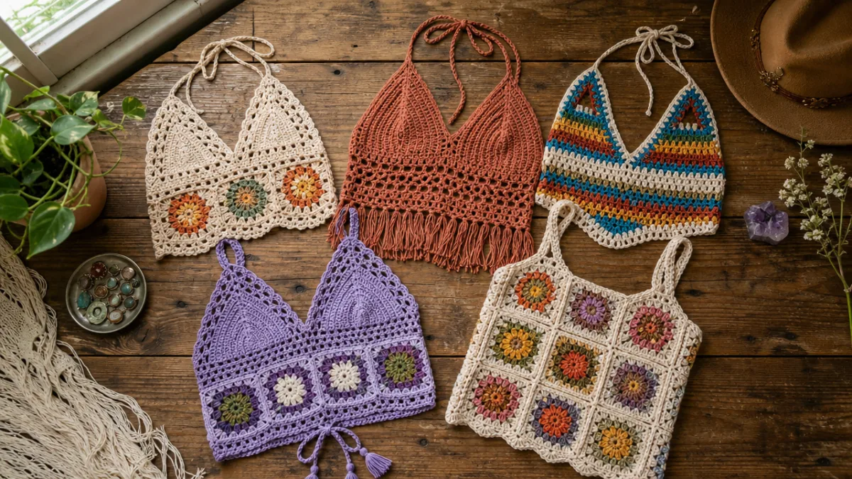 a flat lay of colorful crochet boho tops on a rustic wooden…