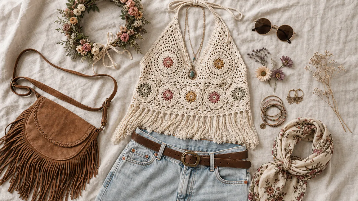 a styled bohemian outfit flat lay featuring crochet top, fringe bag, and…