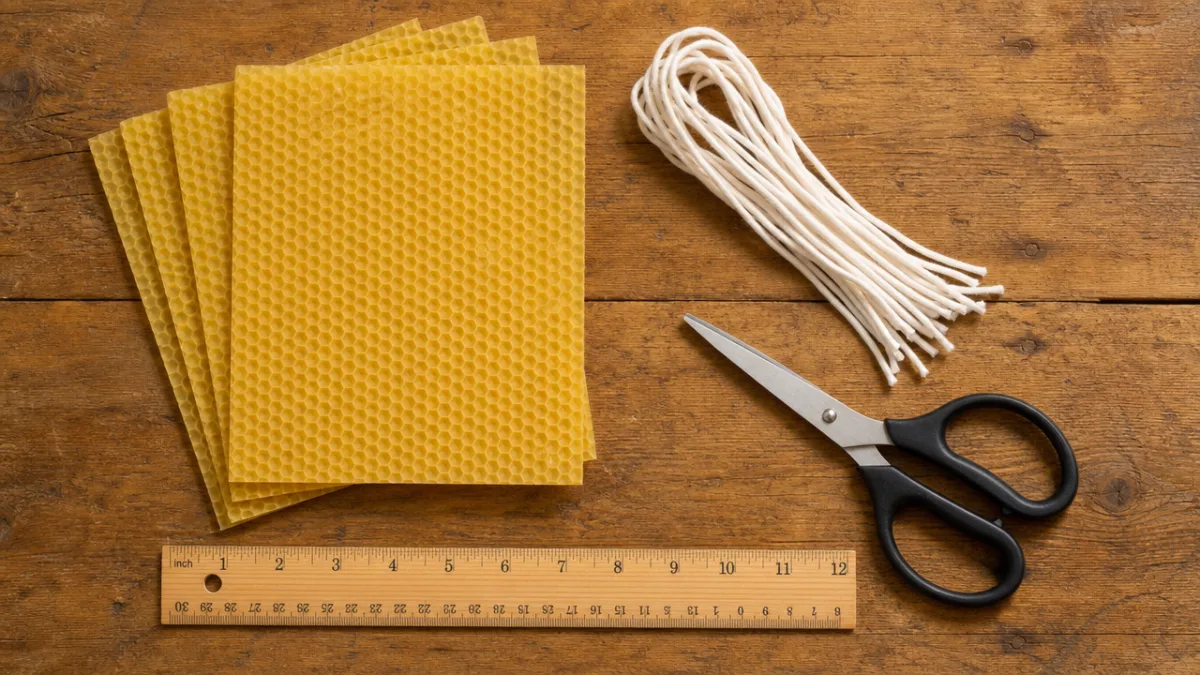 a flat lay of beeswax sheets, cotton wicks, scissors, and a ruler…
